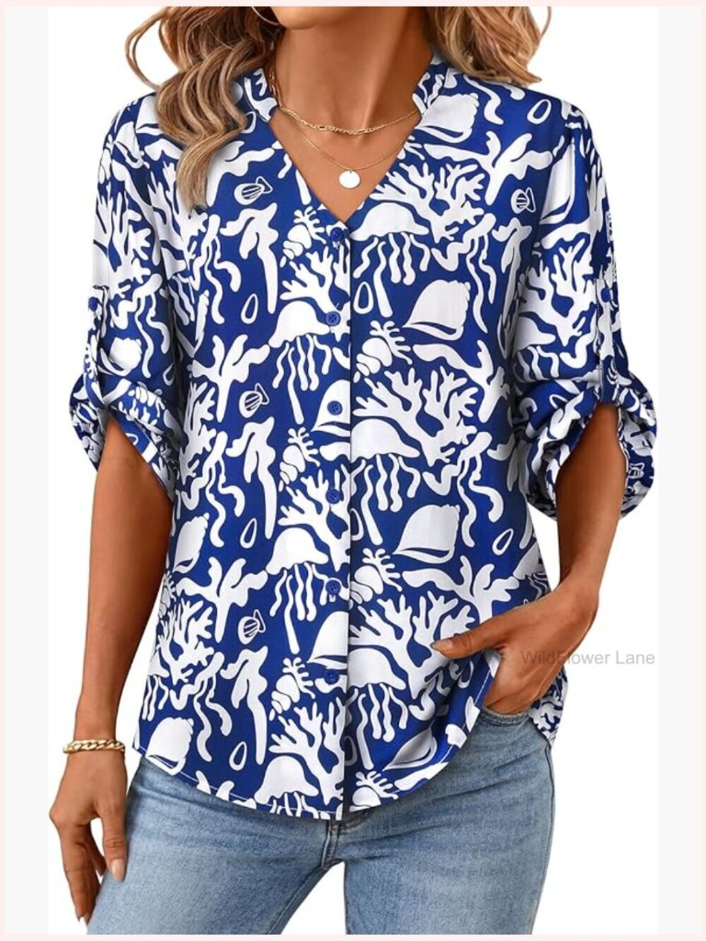 Hawaiian Button Down Shirt Roll Up 3/4 Sleeve Blouse Summer Casual V Neck Beach